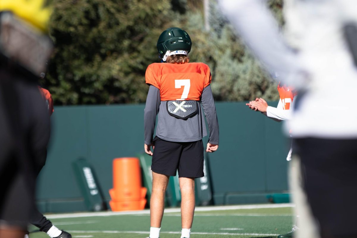 Quarterback,Jackson Brousseau, prepares for drills during morning practice at Colorado State University in Fort Collins Colorado on Tuesday Sept. 30th. Photo taken by Erica Pickering.