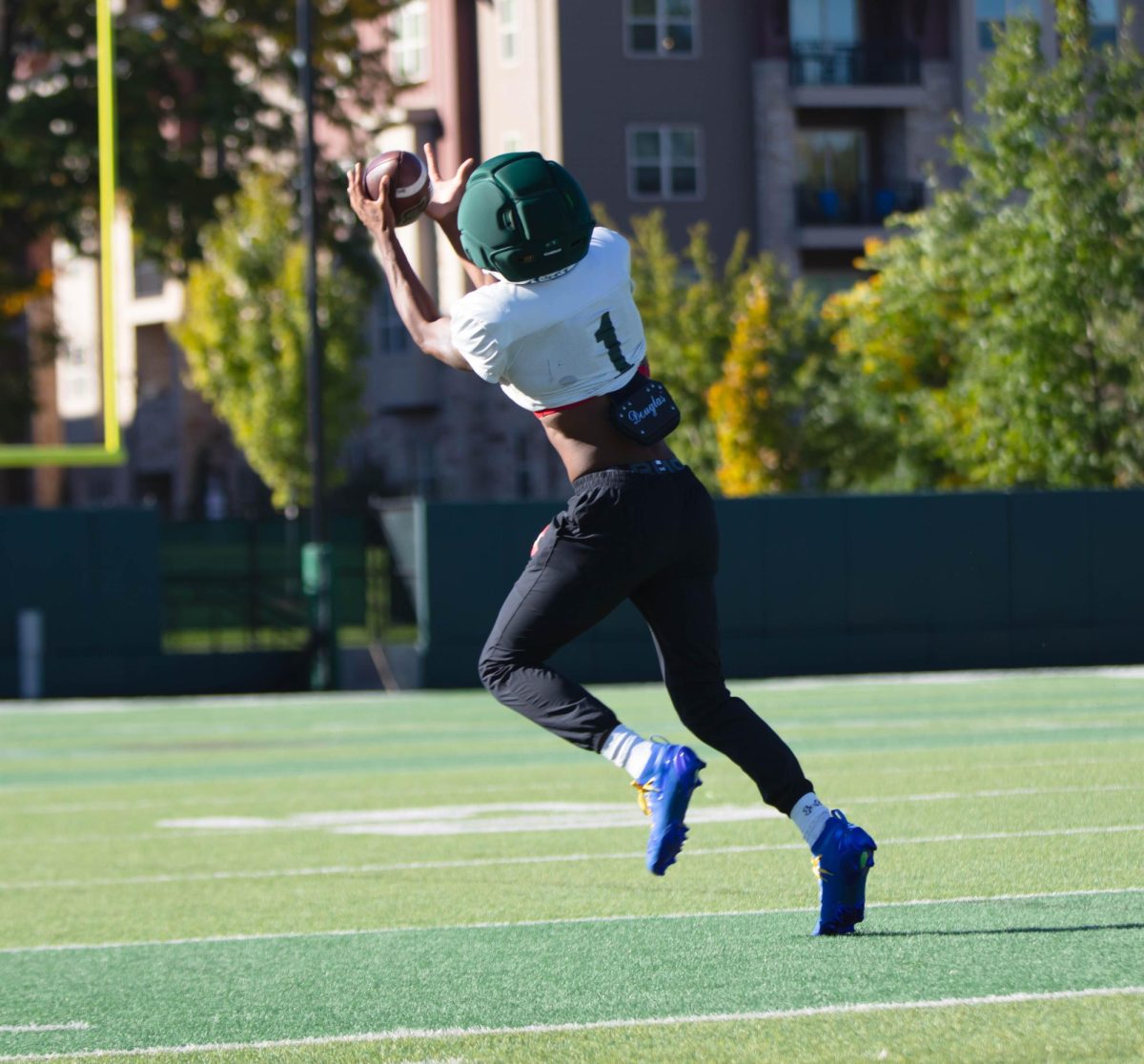 Wide Reciever, Armani Winfield catches the ball during morning practice drills at Colorado State University on Sept. 30th in Fort Collins Colorado. Photo taken by Erica Pickering.