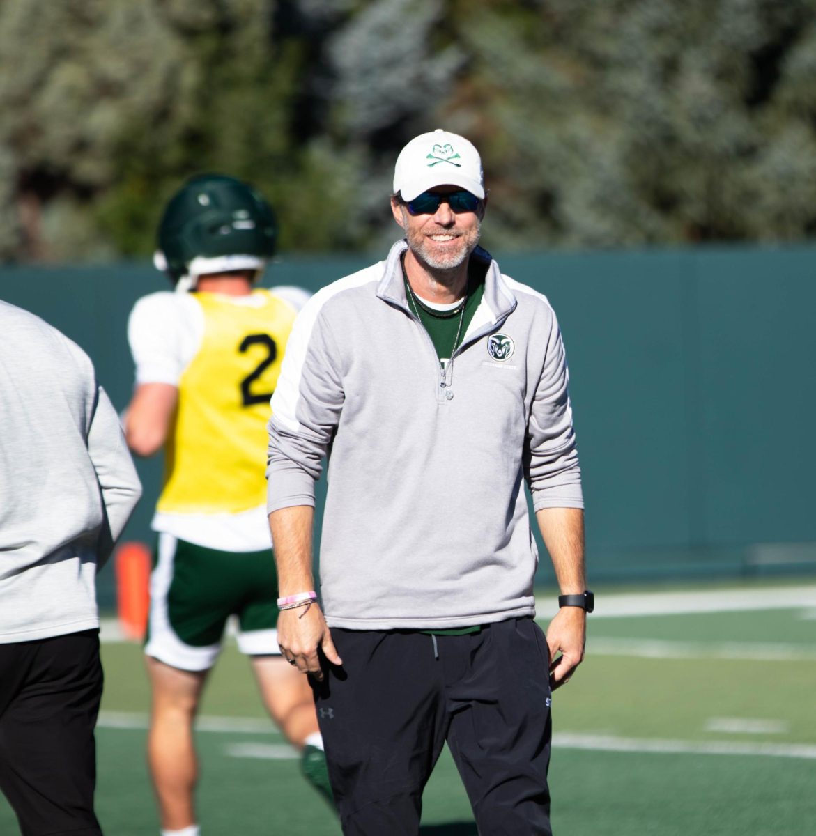 Associate head coach Matt Mumme runs Tuesday morning practice Sept. 30 at Colorado State University football practice.