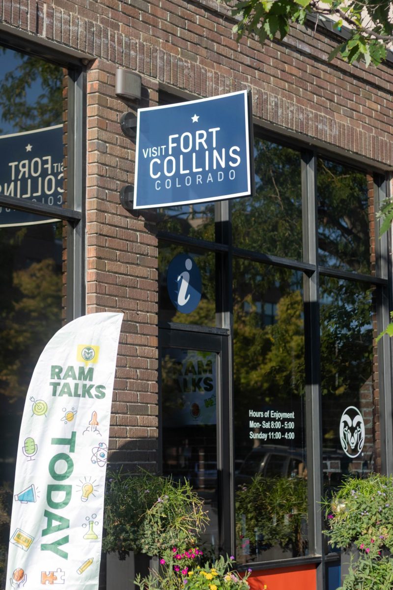 A brick building with a blue sign attached to it saying "Visit Fort Collins Colorado"