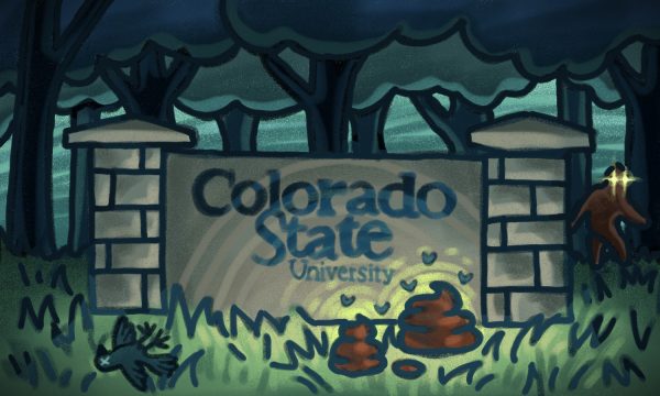 Graphic of poop in front of a Colorado State University sign. 