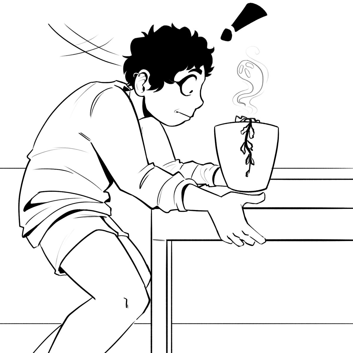 Panel 3 for plant comic - person looks back to plant to find it dead