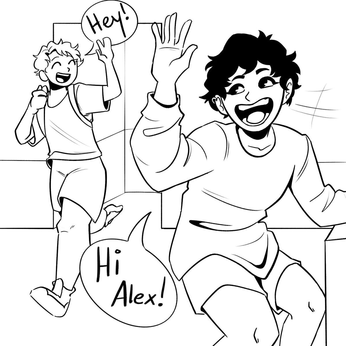 Panel 2 for a plant comic - person looks away from plant and says hi to approaching friend
