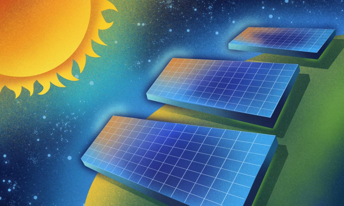 A row of solar panels on the earth with a sun illuminating them