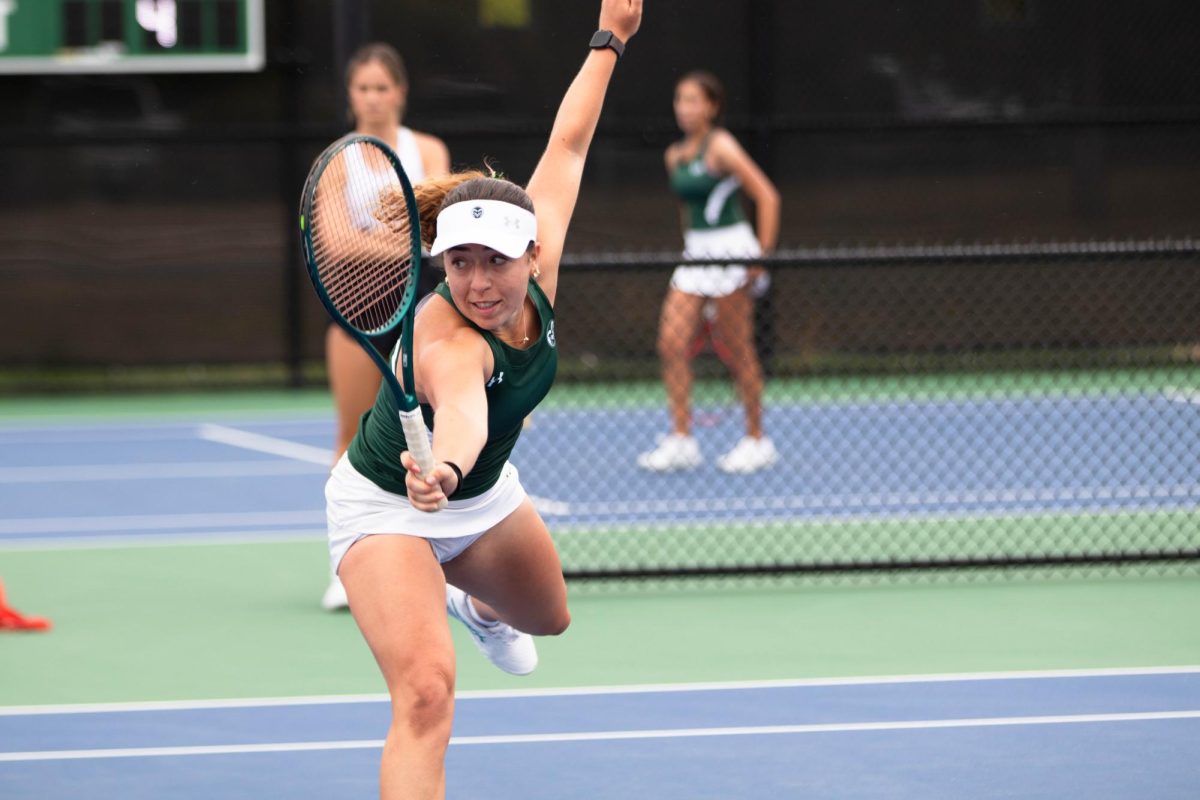 Colorado State University tennis player, Hanna Haber, saves the ball at the Jon Messick Invitational match at the CSU Tennis Complex Friday Sept. 12. Haber and her teammate Annika Planinsek won their doubles match 7-5.