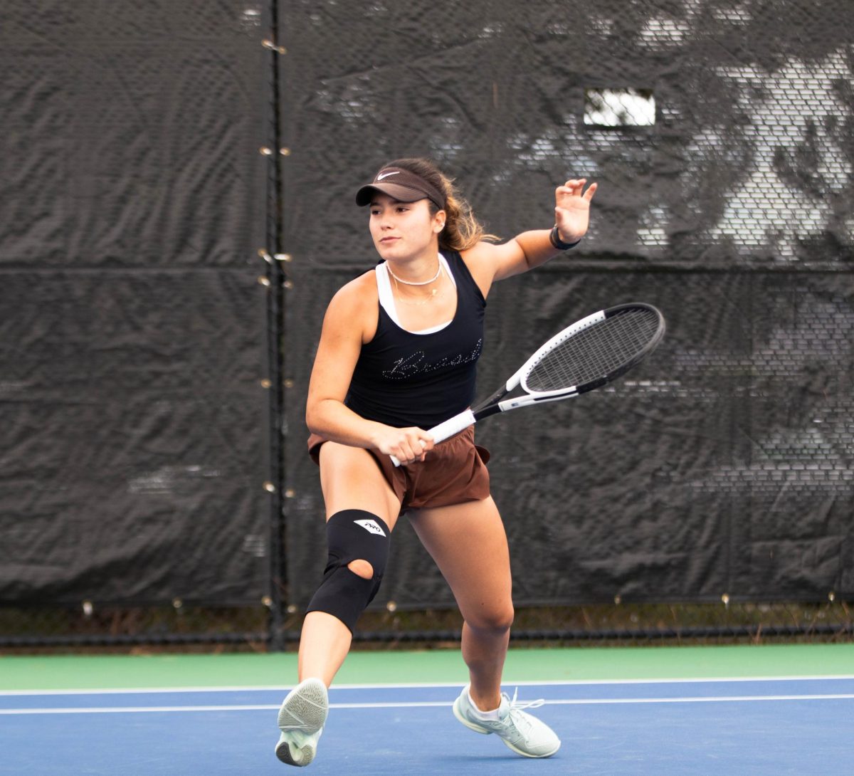 Luana Avelar mid hit during the match at the Jon Messick Invitational match at the Csu Tennis Complex in Fort Collins Colorado on Friday Sept. 12th. Photo taken by Erica Pickering.