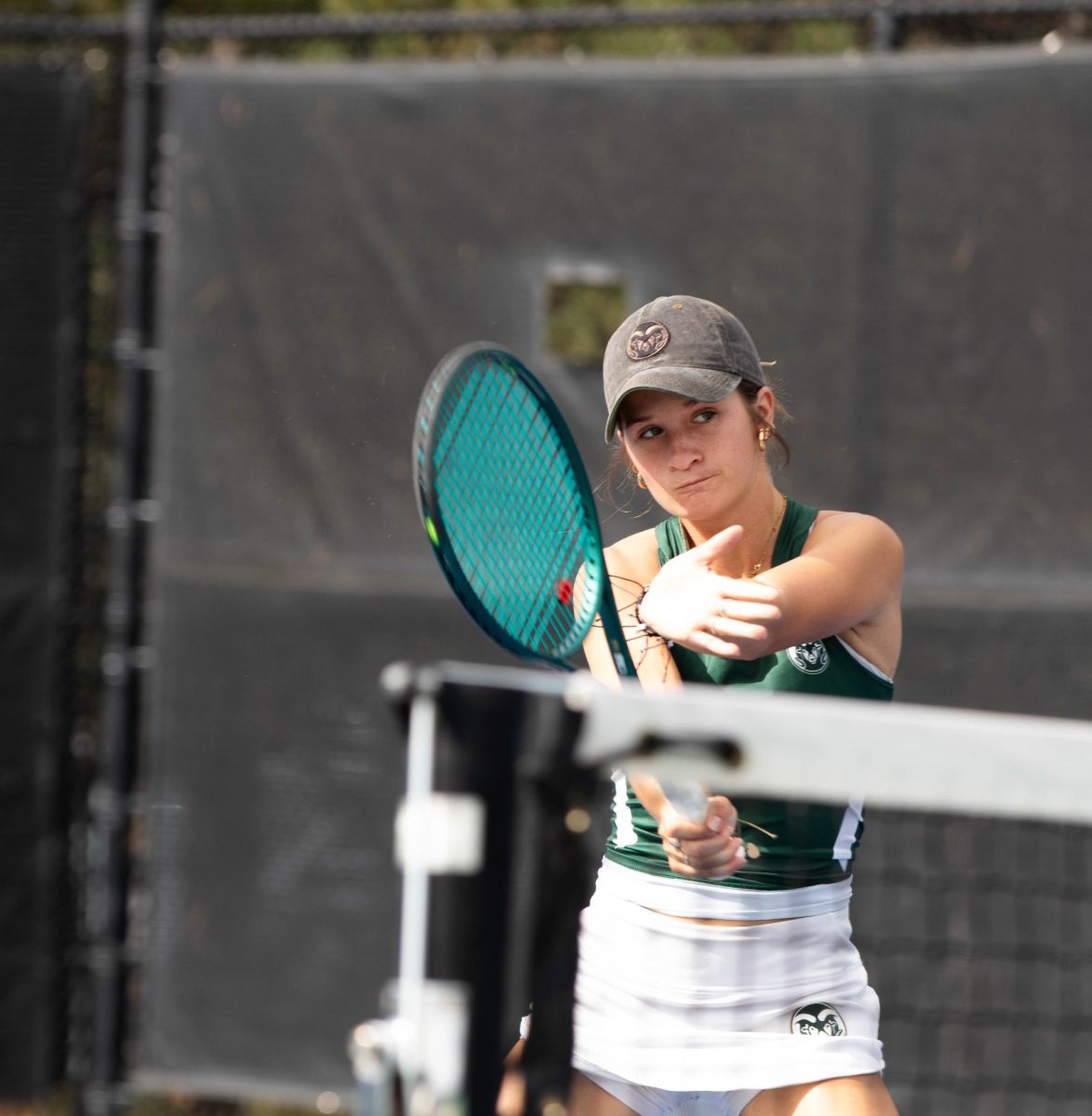 Colorado State University tennis player Dylan Voeksafter hitting the ball during her match at the Jon Messick Invitational, in Fort Collins Colorado on Friday Sept. 12th. Photo taken by Erica Pickering.