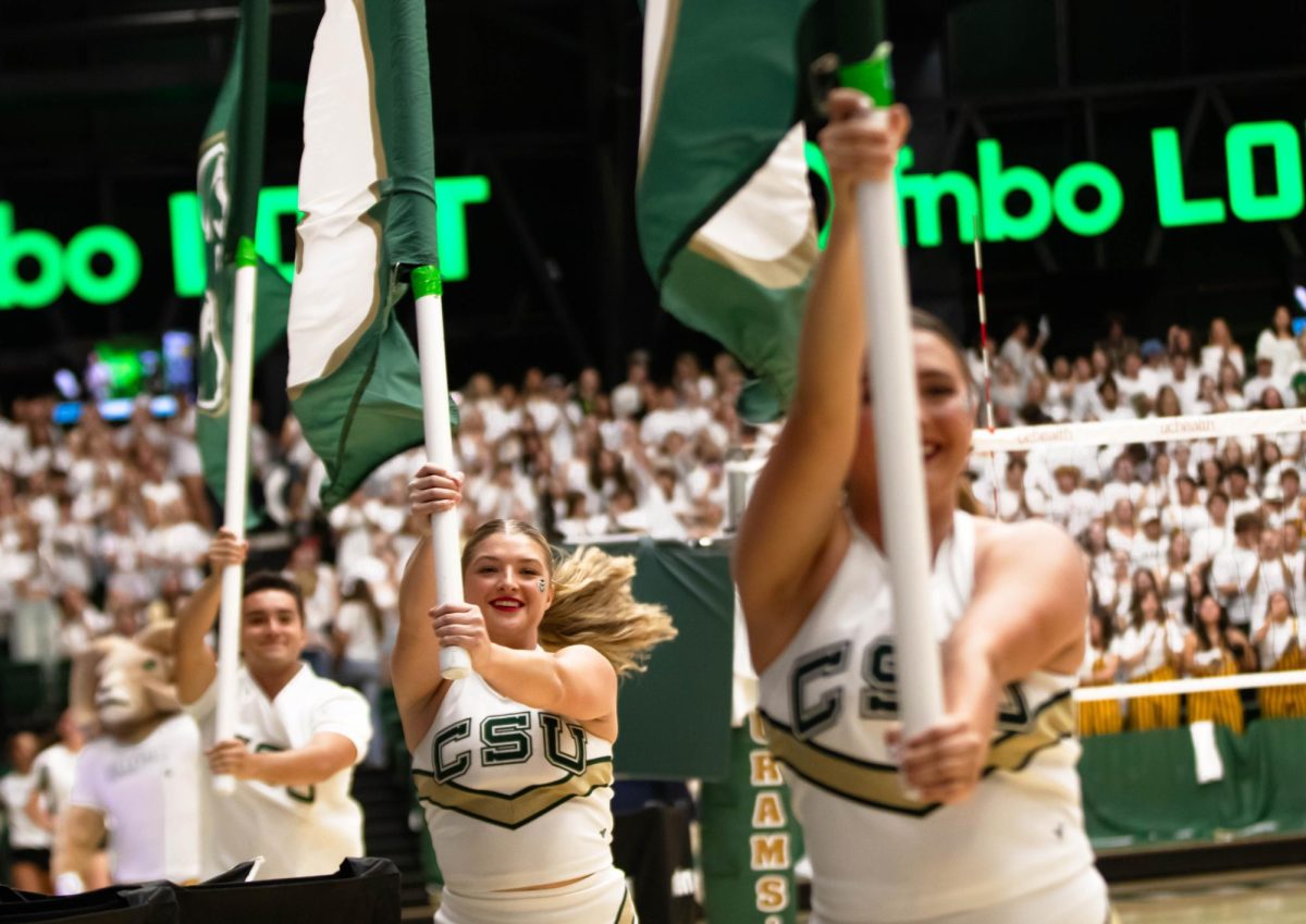 A line of smiling cheerleaders in white and gold uniforms carry large flags across a court.