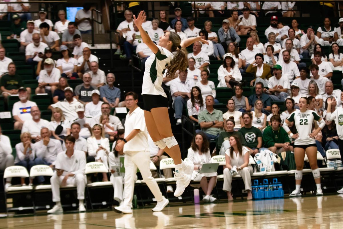 Maria Brun, outside hitter for Colorado State University, serves the ball to Notre Dame in Moby Arena in  Fort Collins Colorado, on Friday Sept. 12th. Photo taken by Erica Pickering.