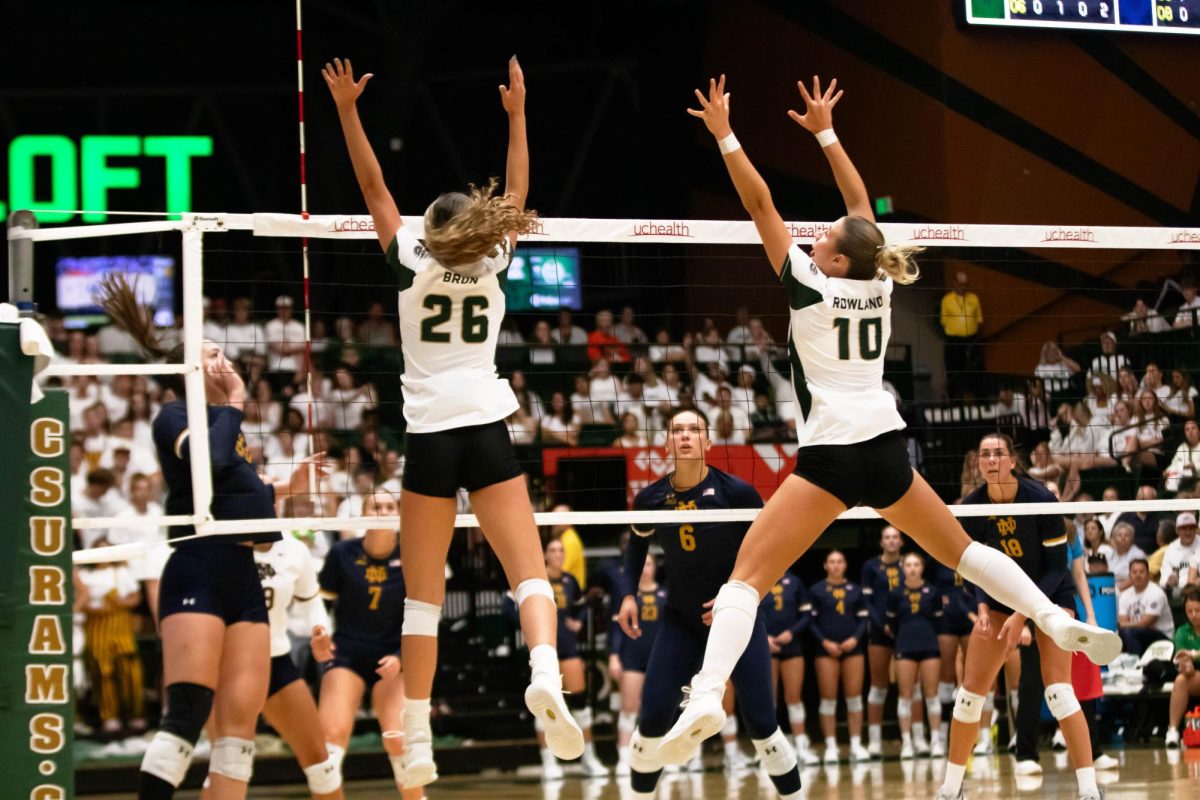 Mariah Brun and Brenna Rowland jump to block the during game against NOtre Dame in Moby Arena in Fort Collins Colorado on Friday Sept. 12th. Photo taken by Erica Pickering.