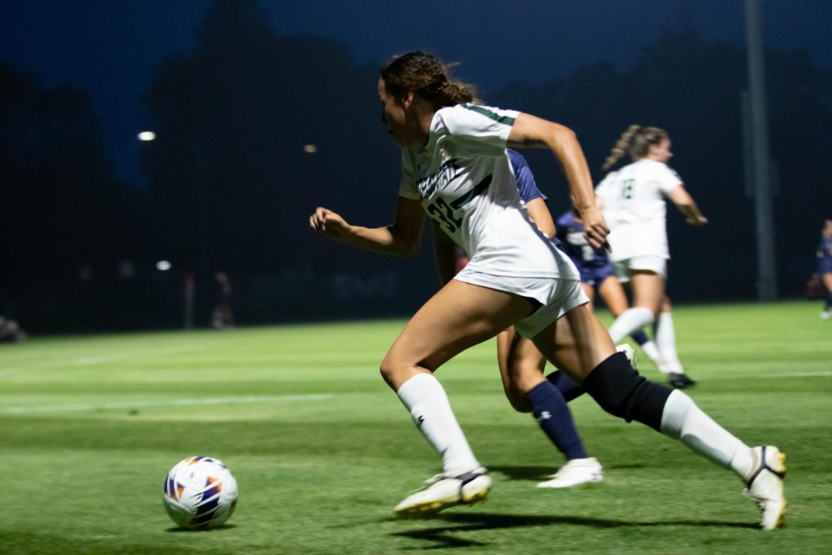 Kaja Dionne, forward, on the Colorado State University Women's Soccer team, dribbles the ball toward the goal during the game against University of Northern Colorado on Sept. 4th in Fort Collins Colorado. Photo taken by Erica Pickering.