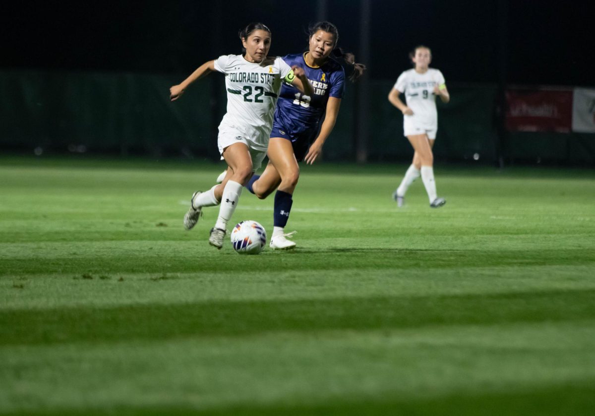 Midfielder Mia Casey, races toward the ball during the game against the University of Northern Colorado on Sept. 4th  in Fort Collins Colorado. Photo taken by Erica Pickering.