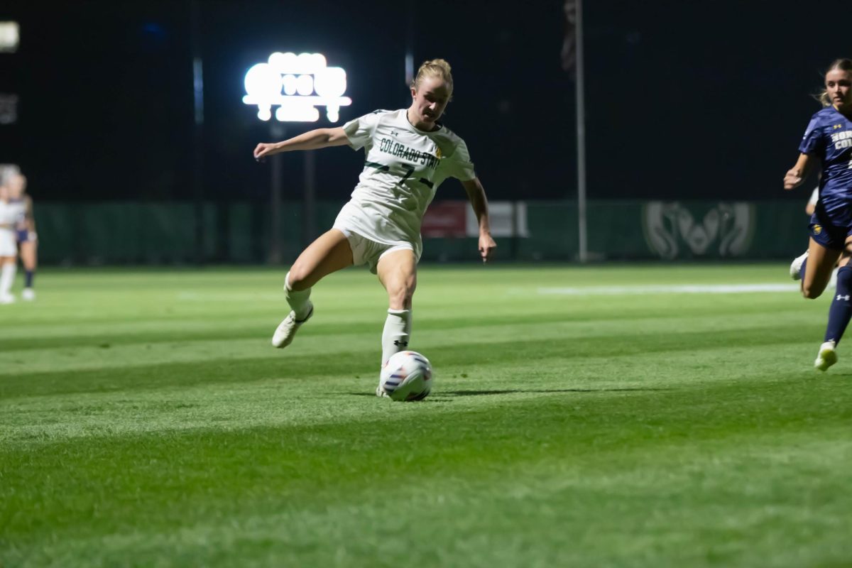 Michaela McGowan prepares to kick the ball during the game against the University of Northern Colorado on Sept. 4th in Fort Collins Colorado. Photo taken by Erica Pickering.