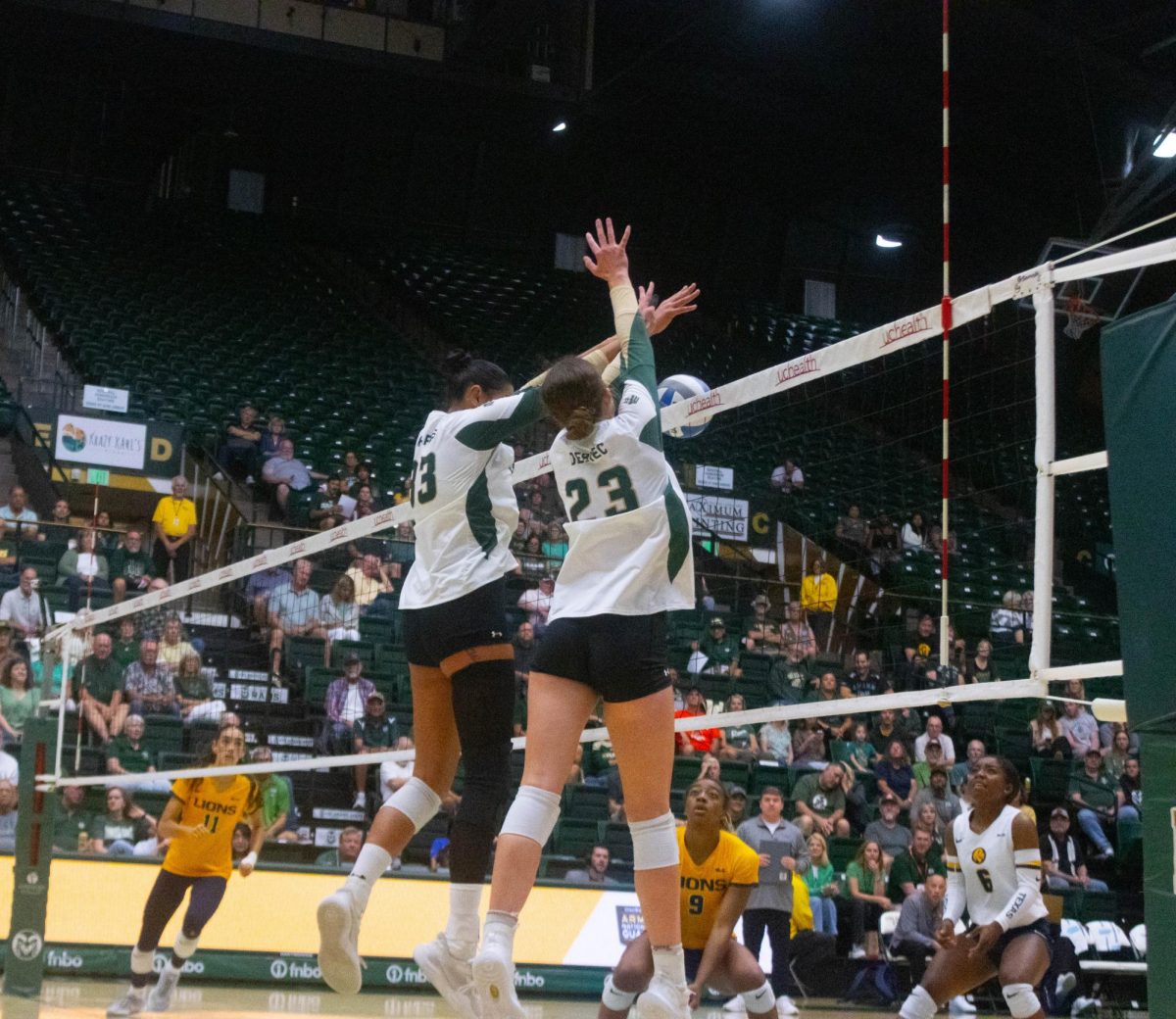 Two women in white jerseys jump above the net, the ball deflecting off of their hands.