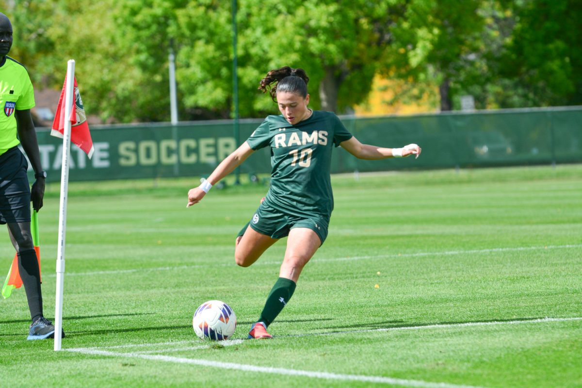 Sofia Coulombe performing a corner kick for Colorado State University Oct. 5. Sofia performed many big kicks for CSU and helped her team defeat University of Nevada, Los Vegas. 