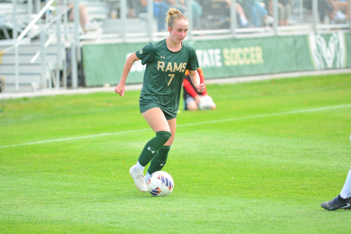 Michaela McGowan dribbling the ball towards the goal Oct. 5. Colorado State University defeated University of Nevada, Los Vegas with a score of 1-0. 