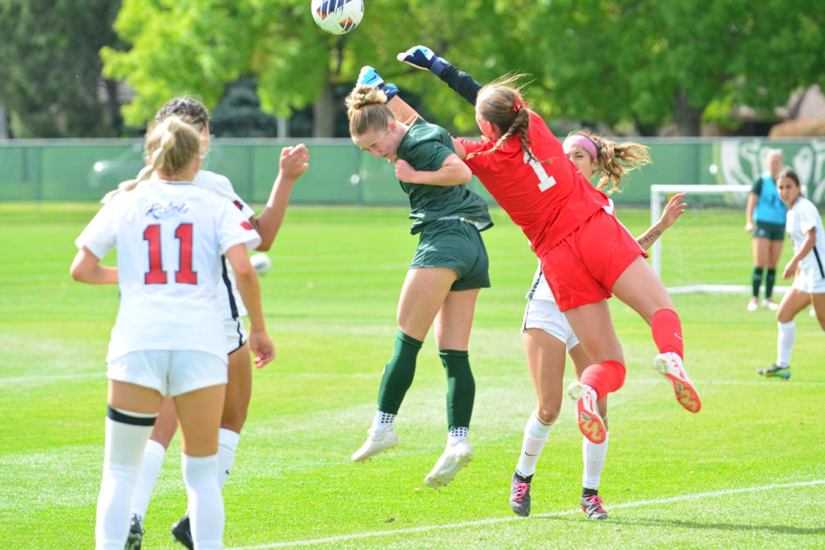 Michaela McGowan jumping for the ball after a corner kick Oct. 5. Michaela and her teammates defeated University of Nevada, Los Vegas with a score of 1-0. 