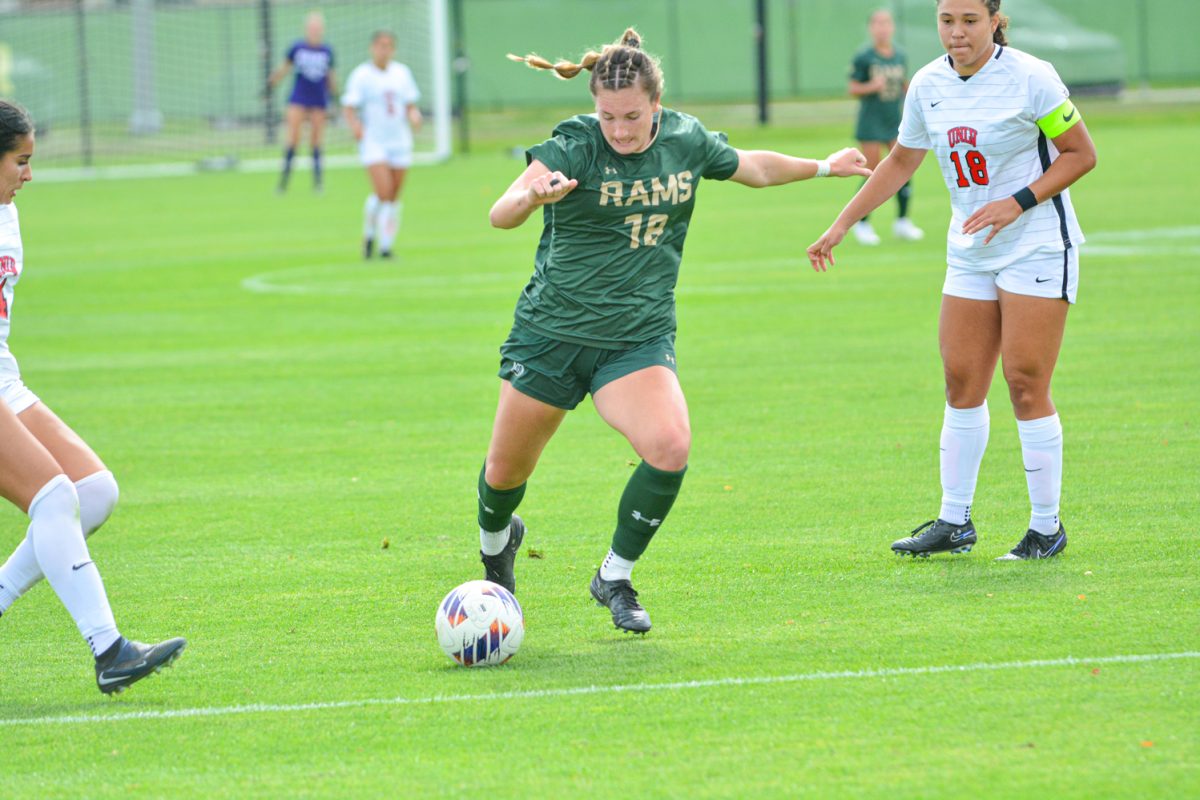 Olivia Fout dribbling the ball towards the goal Oct. 5. Olivia and her teammates defeated University of Nevada, Los Vegas with a score of 1-0. 
