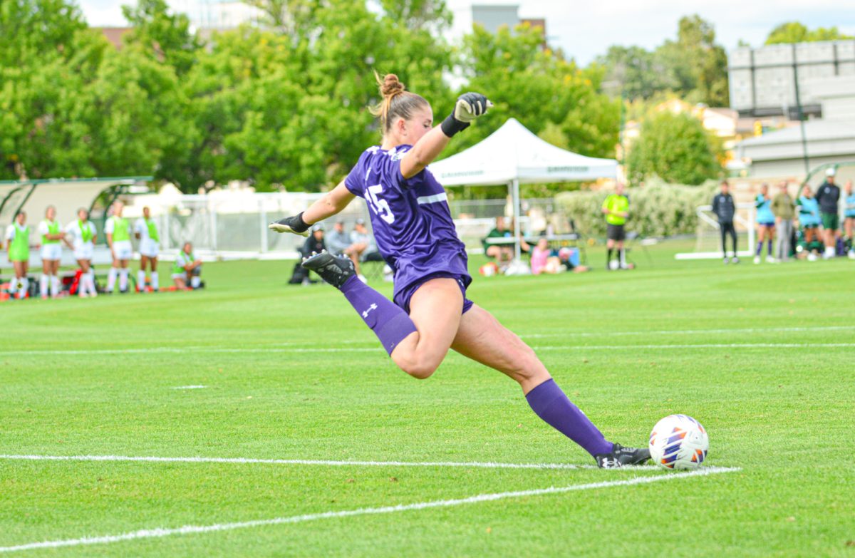 Gray Wilson kicking the ball across the field to her teammates Oct. 5. Gray and her teammates defeated University of Nevada, Los Vegas with a score of 1-0. 