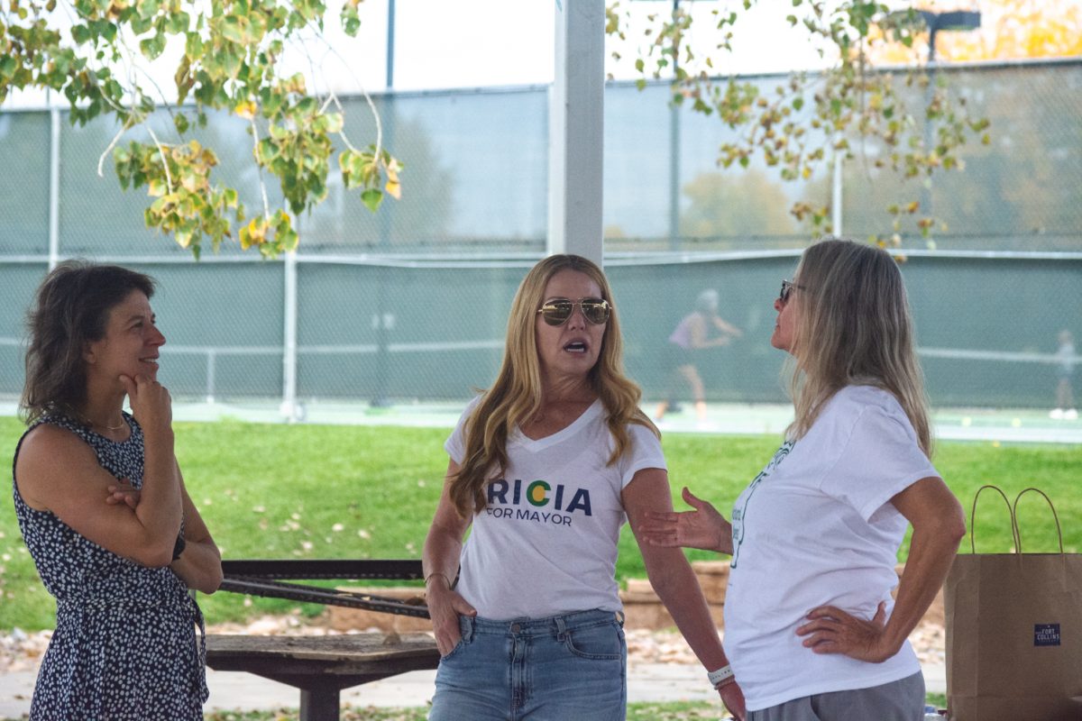 Fort Collins mayoral candidate Tricia Canonico speaks with Emily Francis and Linda Stanley at Civic Saturday event Oct. 4 at Fossil Creek Park. 