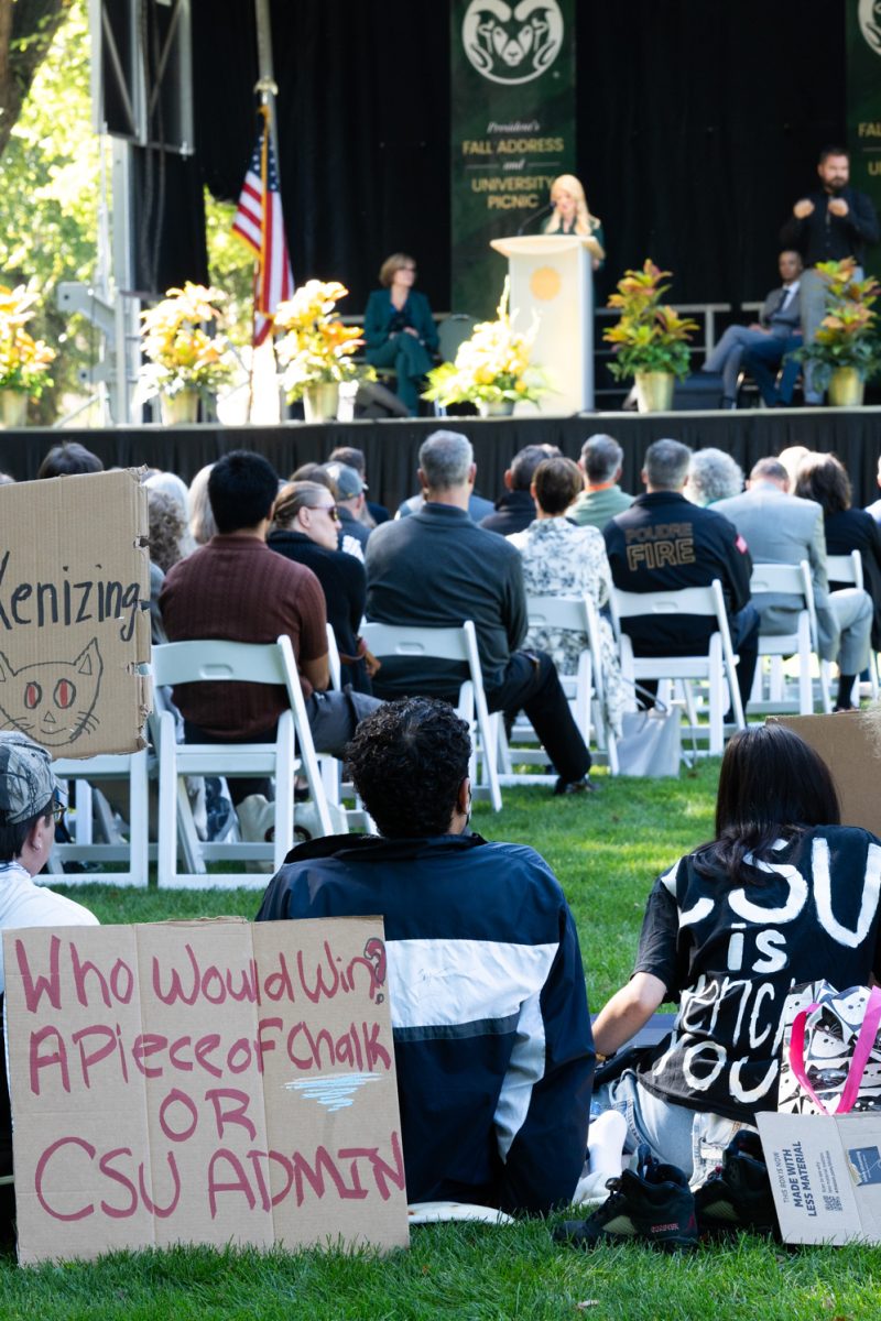 Protestors sit on the grass in front of a stage.