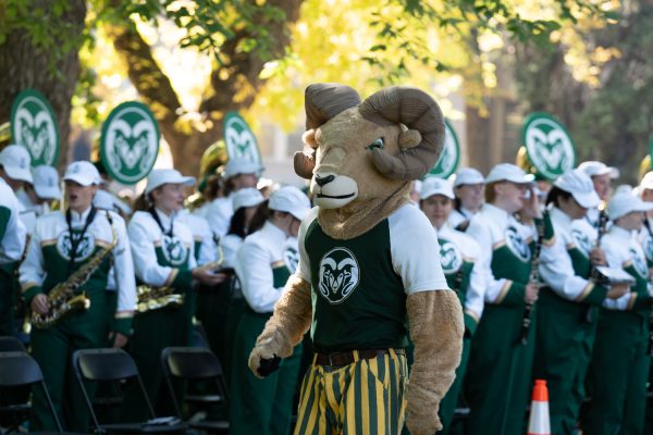 A ram mascot walks in front of a marching band.