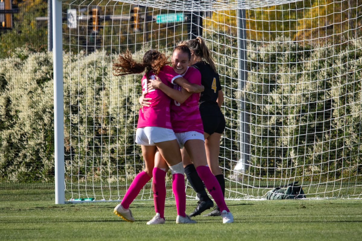 The Colorado State Rams celebrate after Kacie Laurie (1) scored a goal 49 seconds into the match against Colorado College Oct 9. The Rams went on to beat the Tigers 2-1.