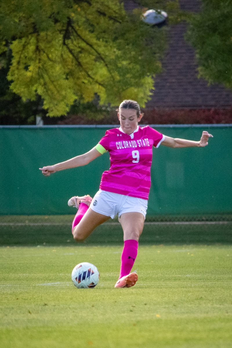 Kate Dunne (9) kicks the ball during the match against Colorado College Oct 9. The Rams went on to beat the Tigers 2-1.