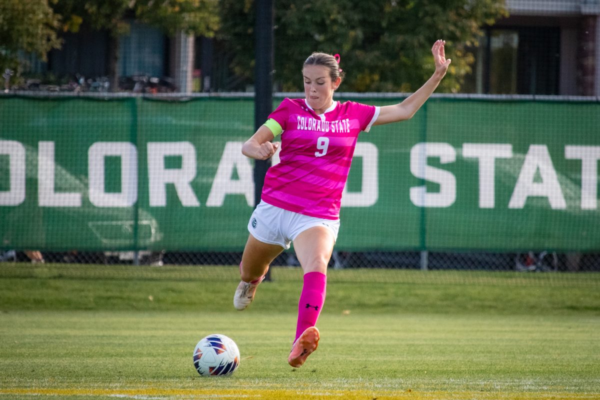 Kate Dunne (9) kicks the ball during the match against Colorado College Oct 9. The Rams went on to beat the Tigers 2-1.
