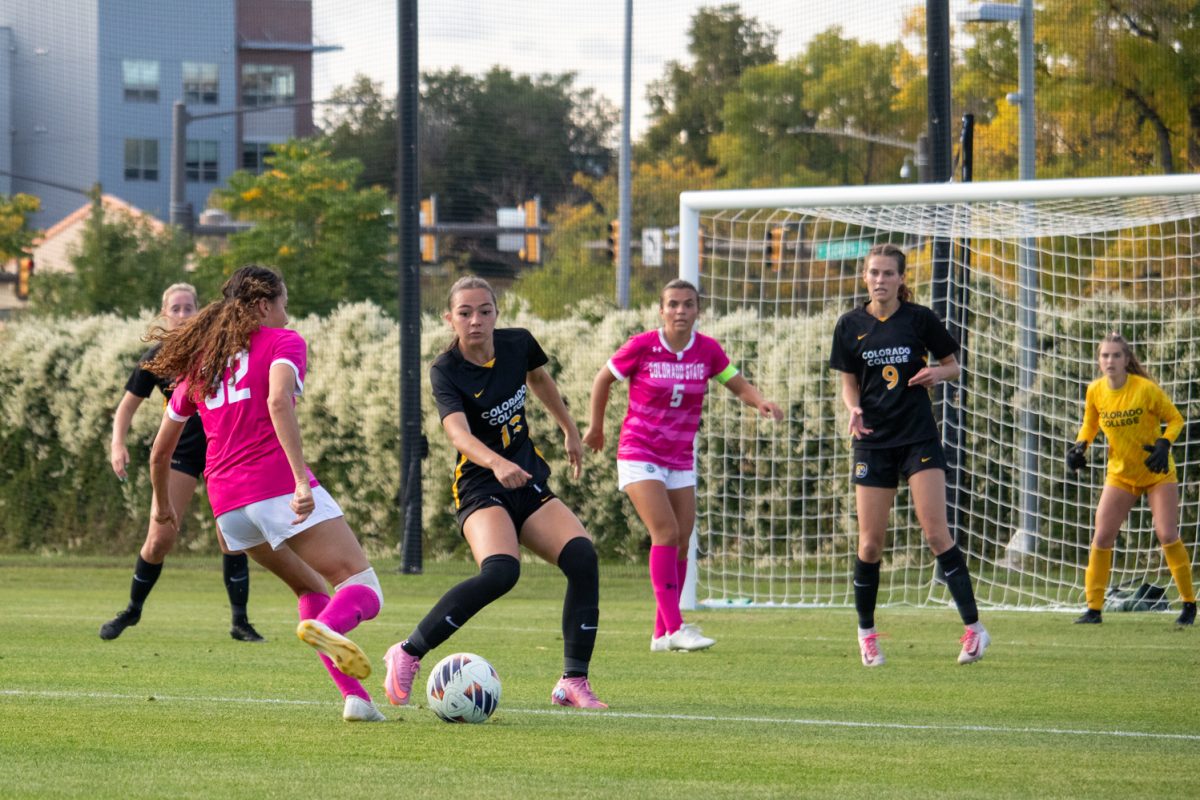Kaja Dionne (32) kicks the ball during the match against Colorado College Oct 9. The Rams went on to beat the Tigers 2-1.
