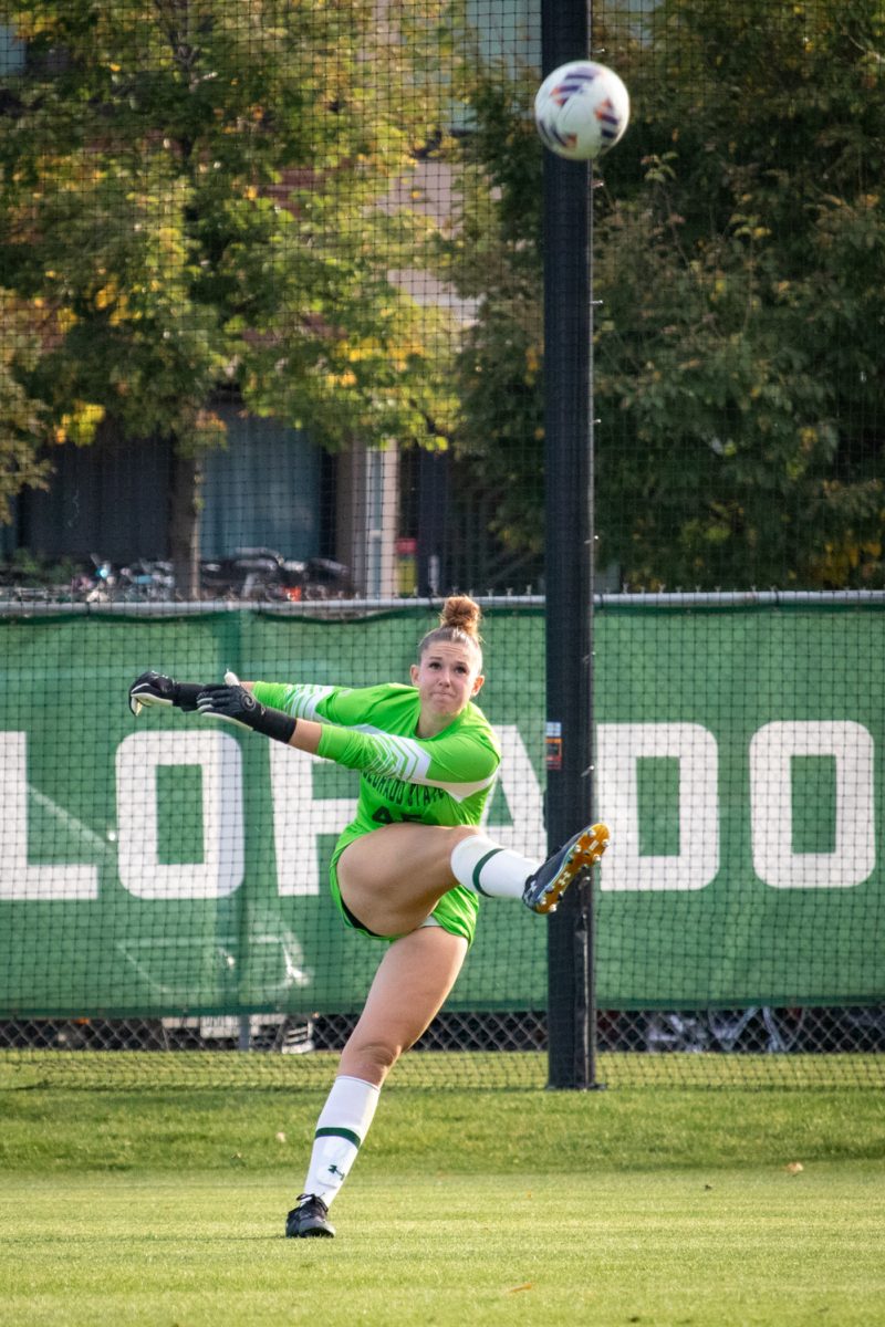 Gray Wilson (45) punts the ball downfield during the match against Colorado College Oct 9. The Rams went on to beat the Tigers 2-1.