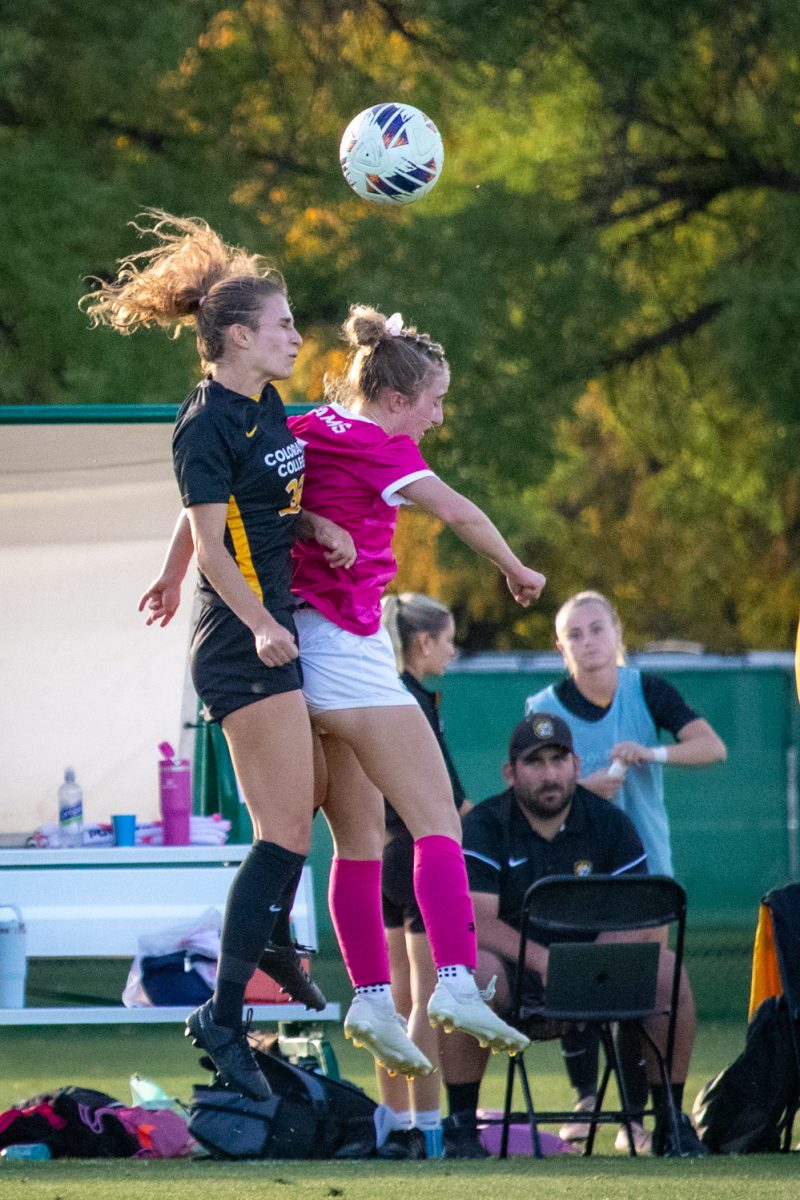 Michaela McGowan (7) jumps to head the ball during the match against Colorado College Oct 9. The Rams went on to beat the Tigers 2-1.