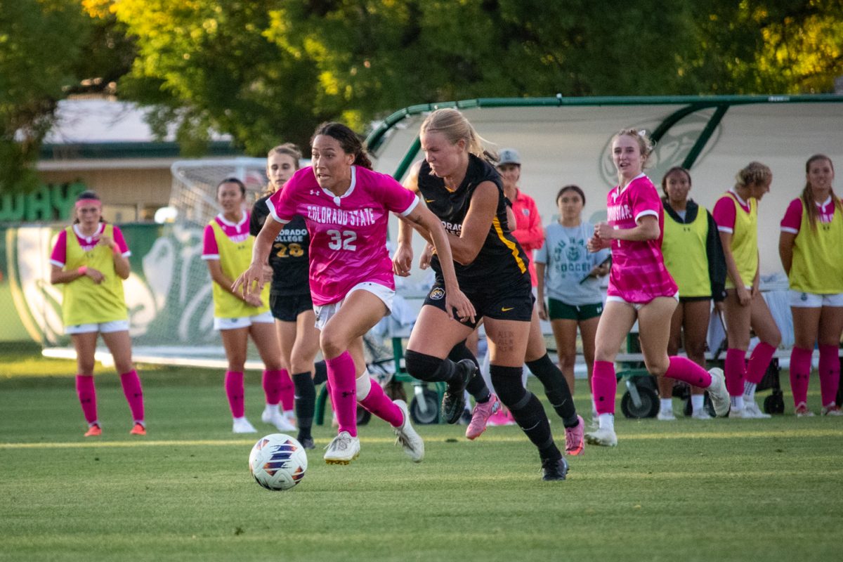 Kaja Dionne (32) tries to outrun a defender during the match against Colorado College Oct 9. The Rams went on to beat the Tigers 2-1.