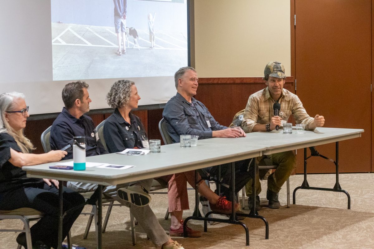 Stephen Shachtman, Allie Ogg, Gregory Fields, and Todd Kundla sit on a panel during an artist panel discussion Oct 10. "[When] you see things that are site specific and designed by these people from the region and visiting artists […], it's like putting a bouquet of flowers on a table," Kundula said. "It just adds that special feeling of caring."