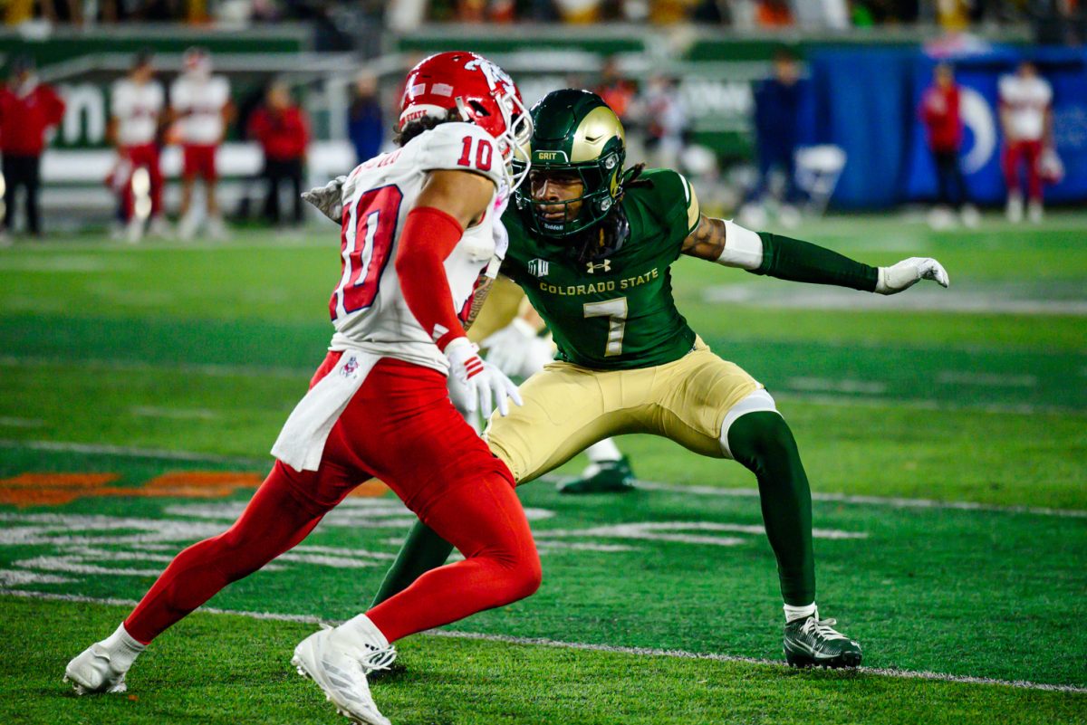 Colorado State University defensive back Lemondre Joe (7) guards Fresno State University wide receiver Jordan Malau'ulu (10) during the second half of CSU's game against FSU Oct. 10. Joe completed six tackles and one sack through the game.