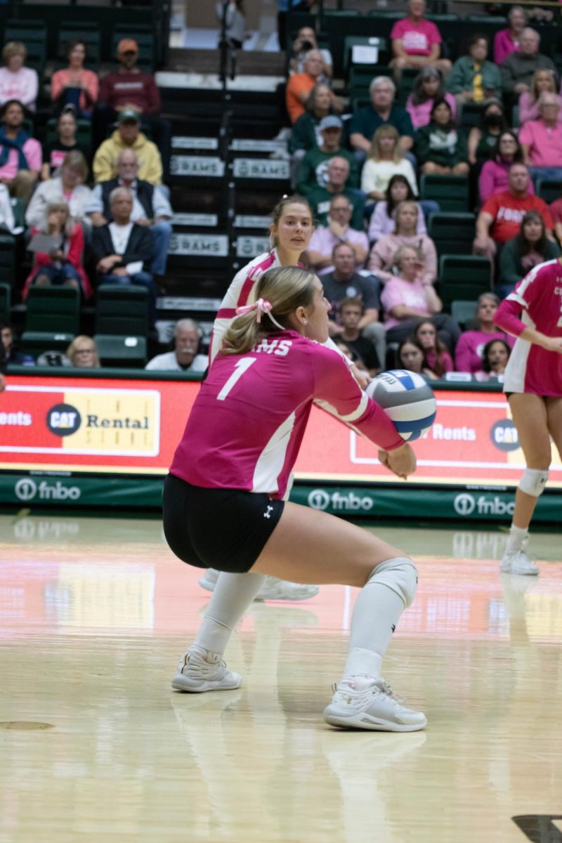 Jessica Lawton (1) bumps the ball to her teammates during Colorado State University's game against Utah State University Oct 11.