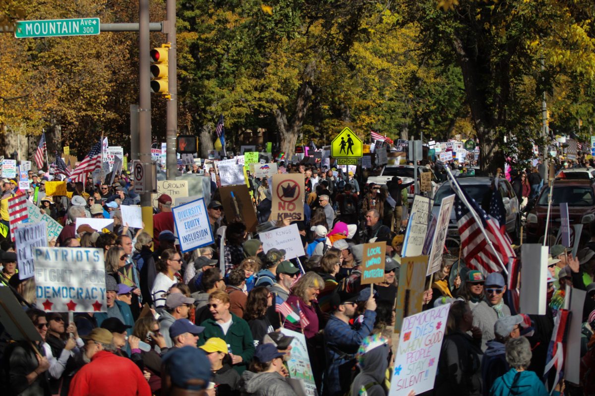 Thousands of protesters fill the streets of downtown Fort Collins, participating in the No Kings protest Oct. 18. This protest, part of a nationwide effort, was organized by Indivisible NOCO and was one of over 50 in Colorado alone. As they marched, protesters chanted and held signs promoting diversity, equity and inclusion and democracy and unity.
