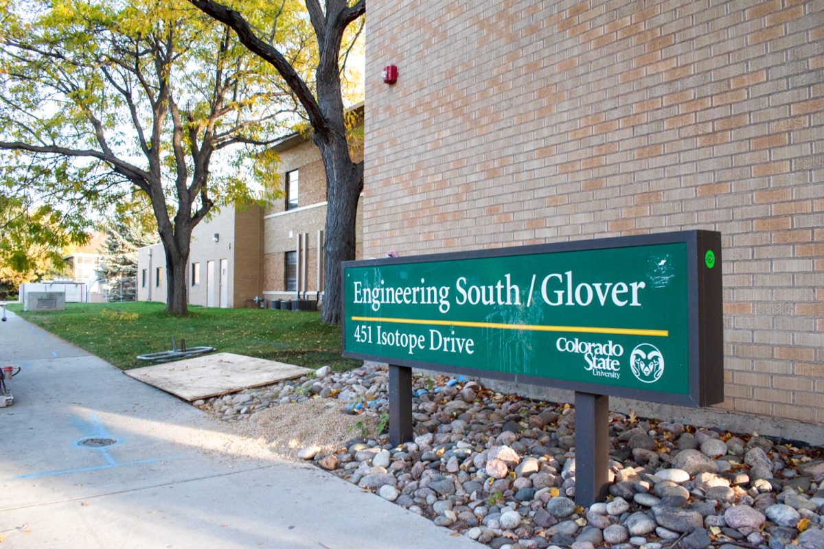 Photo of a green sign outside of a building that says, "Engineering South/Glover."