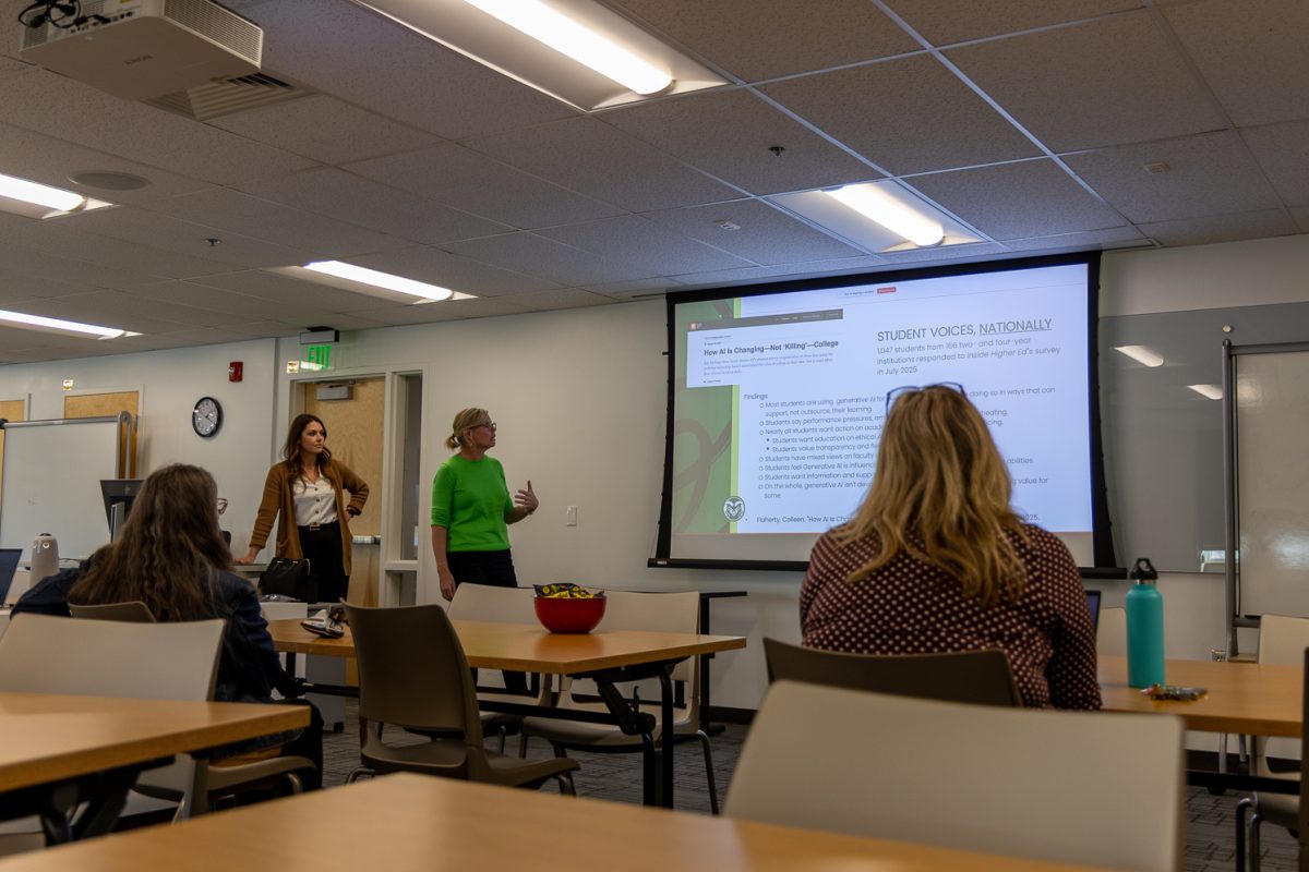 Colorado State University professors and faculty gather to talk about artificial intelligence and how it is impacting current and future students Oct. 23, 2025. Professors Kelly Bradbury and Aly Welker spoke on their experiences teaching as writing professors and their experiences with AI in the classroom. 
