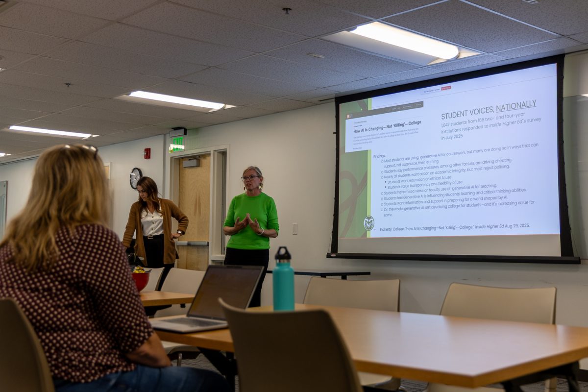 Colorado State University professors and faculty gather to talk about artificial intelligence and how it's impacting current and future students Oct. 23. Professors Kelly Bradbury and Aly Welker spoke on their teaching experiences as writing professors and their experiences with AI in the classroom. "I know all of these ethical concerns, but I also know I'm an educator and know that this is probably the last writing class they're going to take before they go into the workforce, and that a lot of jobs are asking them to use this tool, and if I don't teach them or show them how to correctly prompt and how to ethically think about it, they won't have these tools," Welker said.