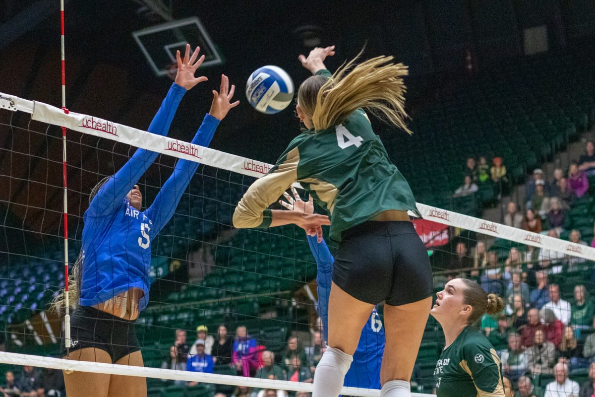 Halle Jameson (4) hits the ball  during the match versus Air Force Oct 23. The Rams beat the Falcons 3-1.