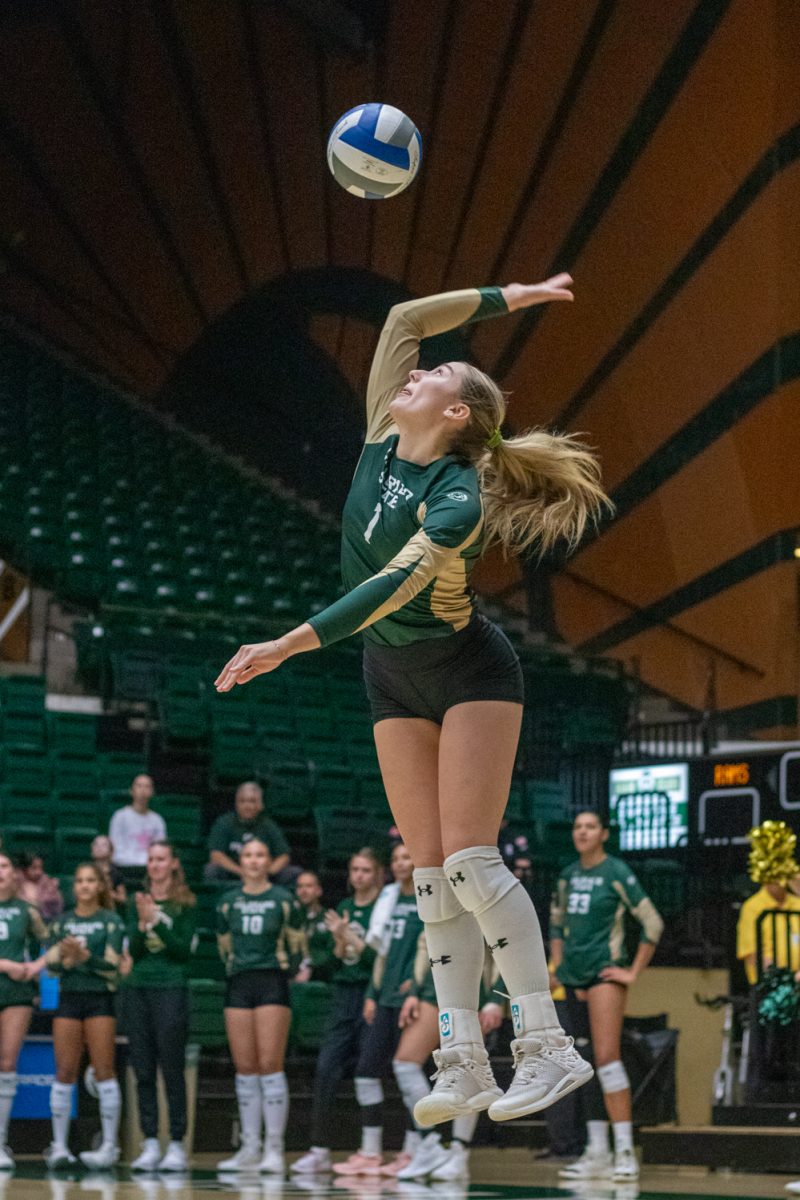 Karsyn Fetzer (1) serves  during the match versus Air Force Oct 23. The Rams beat the Falcons 3-1.