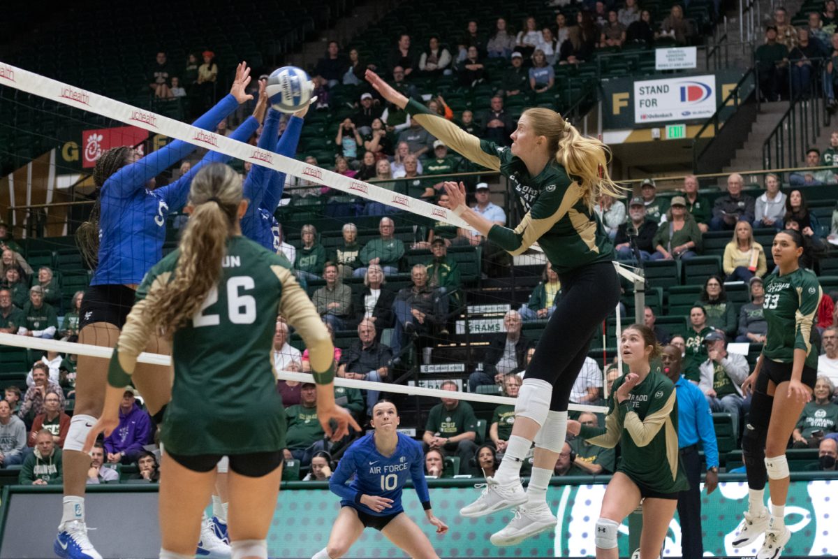 Colorado State University's Riley Simpson (43) hits the ball during the match versus Air Force Oct 23. The Rams beat the Falcons 3-1.