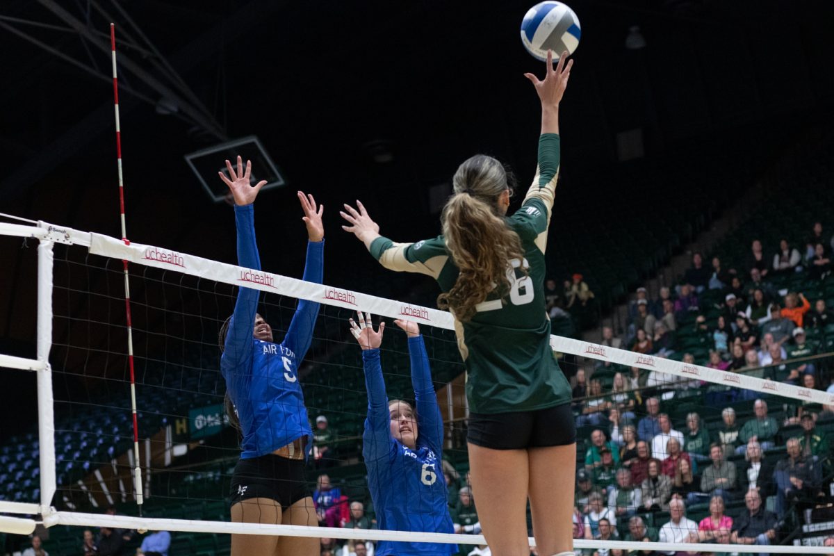 Maria Brun (26) tips the ball  during the match versus Air Force Oct 23. The Rams beat the Falcons 3-1.