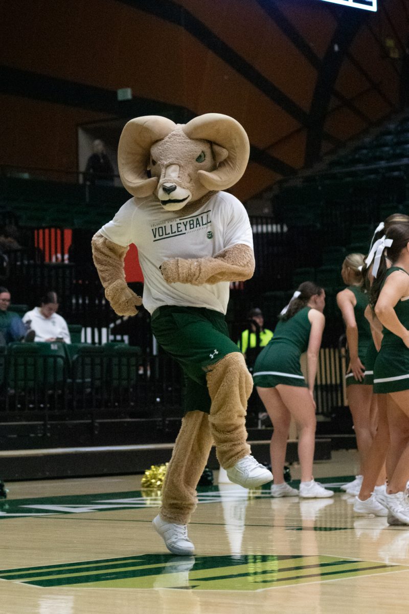 Cam the Ram jams to music during a timeout  during the match versus Air Force Oct 23. The Rams beat the Falcons 3-1.