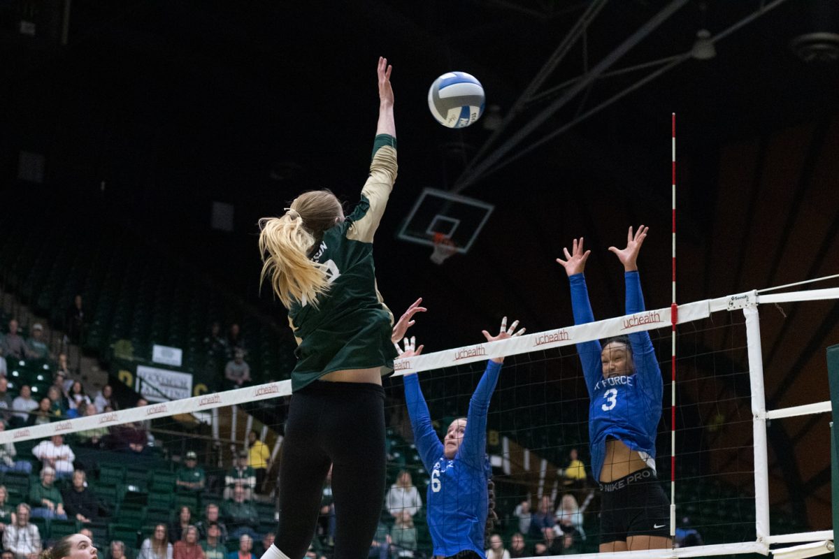Riley Simpson (43) hits the ball during Colorado State University's match against U.S. Air Force Academy Oct. 23. The Rams beat the Falcons 3-1.