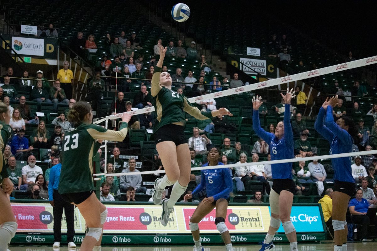 Eve Wilson (27) tips the ball during the match versus Air Force Oct 23. The Rams beat the Falcons 3-1.