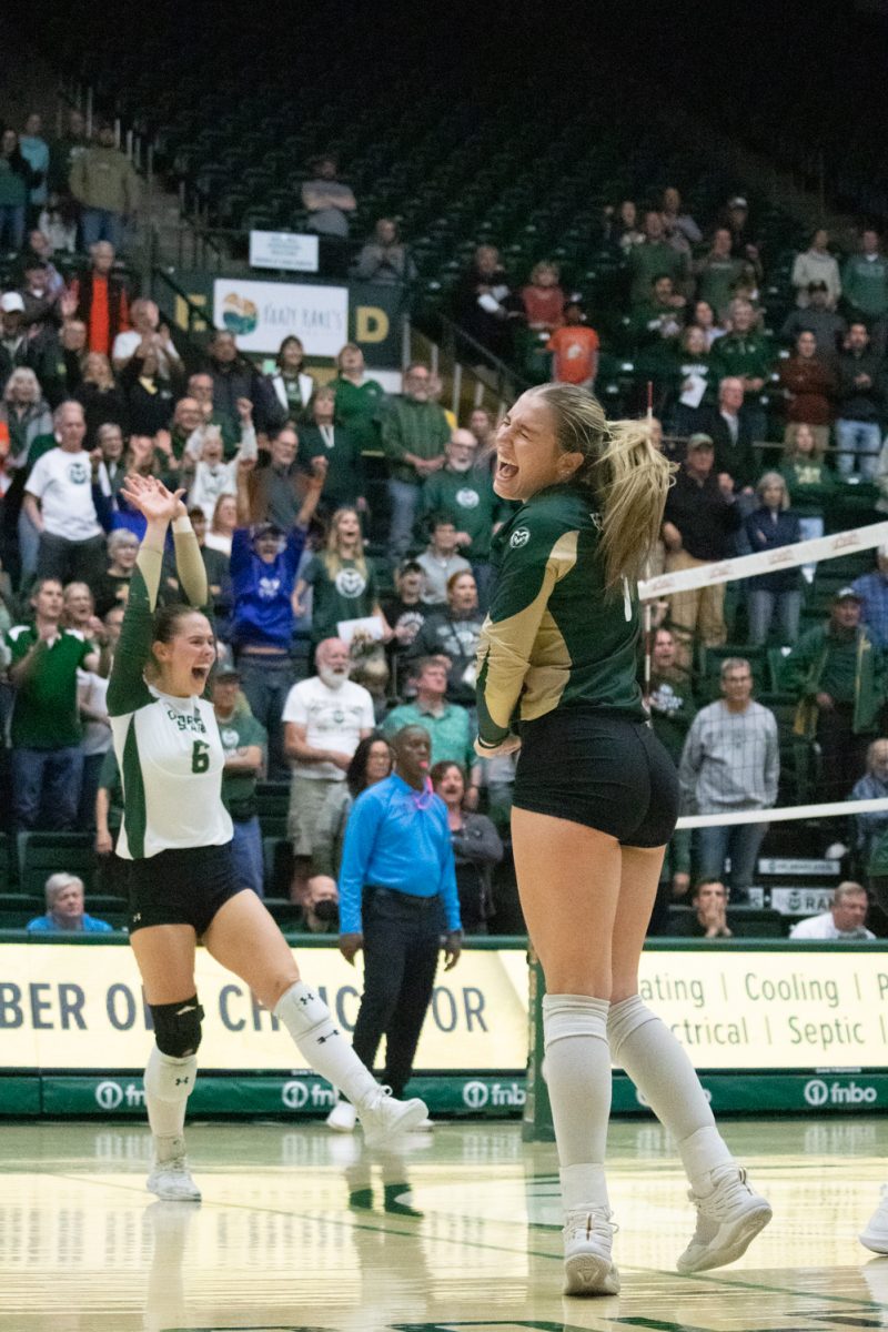 Karsyn Fetzer (1) and Aine Doty (6) celebrate after the Rams Beat the Air Force Academy Falcons 3-1 Oct 23.