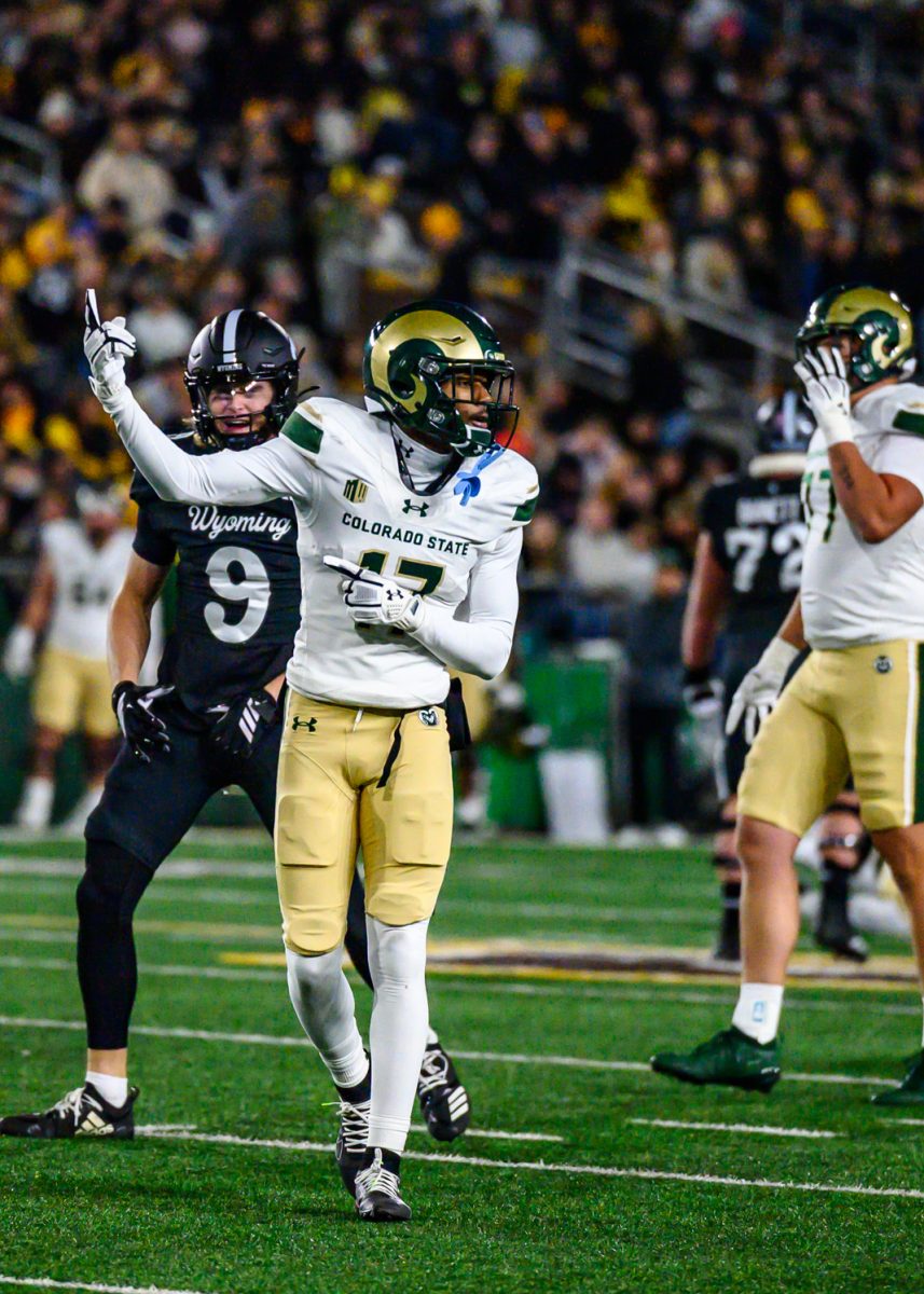 Colorado State University football defensive back CJ Blocker (17) celebrates a successful tackle against the University of Wyoming Oct. 25.