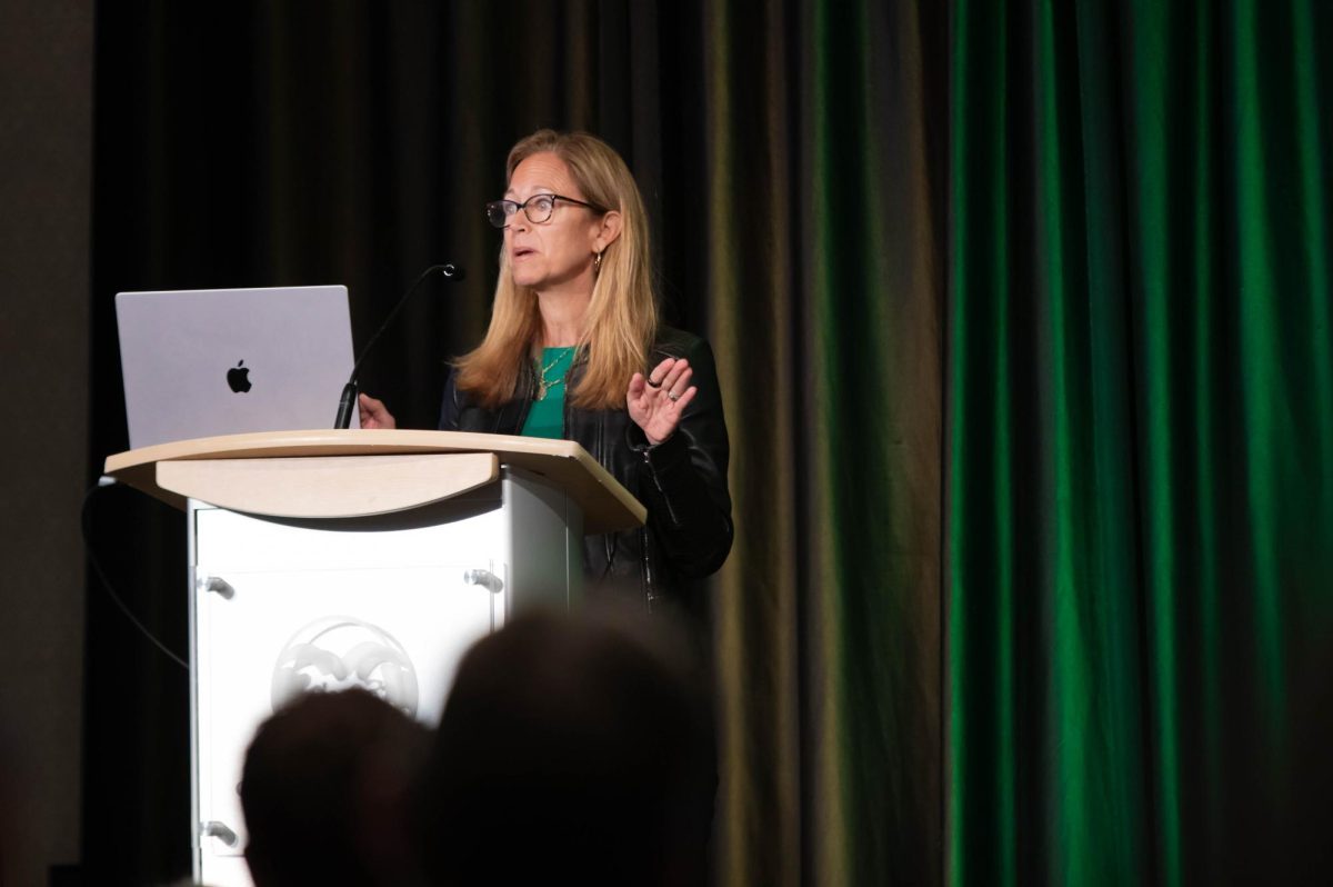 Vice President of U.S. Education at Microsoft Hether Danforth talks on the topic of AI at the CSU Ignites AI: Shaping Tomorrow Together event at Colorado State University Oct. 14. "AI can really unlock creativity, accelerate insights and really remove barriers to impact," Danforth said.
